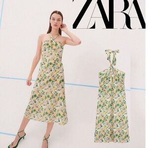 NWOT $109 Zara Beautiful Summer Floral Halter Midi Dress Sz L